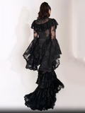 2026 New Elegant Design Sense Flare Sleeve Stand Collar Ruffle Lace Slim Long Dress Women's Wedding Banquet Festival Gown