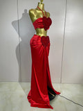 Women Evening Christmas Party Birthday Photoshoot Outfit Sexy Fashion Splicing Love Halter Crop Top & Long Skirt Two Piece Set