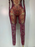 Sparkly Rhinestone Sexy Mesh Bodycon Jumpsuit Nightclub Bar Evening Party Gogo Dancer Clothing Drag Queen Outfit Stage Costume