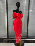 Red Color Women Sexy Off the Shoulder Beading Bodycon Long Bandage Dress Celebrate Fashion Evening Party Wedding Outfit