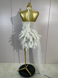 Luxury Rhinestone Sexy Halter Feather White Mini Dress Celebrate Evening Party Birthday Dress Stage Performance Dance Costume