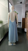 Blue Halter Pleated Long Beach Dress Women's Backless Sleeveless Puff Maxi Dresses Summer Evening Party Holiday Vacation New In