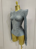 Sparkle Silver Rhinestones Long Sleeve Stretch Bodysuits 2025 New Women Evening Luxury Birthday Party Sexy Nightclub Stage Costu