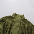 Olive Green Elegant Pleated Dress Women Fashion Solid Stand Neck Lantern Sleeve Double Breasted Loose Mini Dress Women