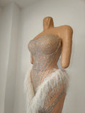 Women Birthday Evening Celebrate Party Nightclub Stage Wear Sexy Sparkly Diamonds Tassel Strapless Mesh See Through Long Dress