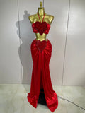 Women Evening Christmas Party Birthday Photoshoot Outfit Sexy Fashion Splicing Love Halter Crop Top & Long Skirt Two Piece Set