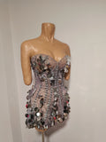 Women Strapless Silver Big Sequins Rhinestone Mini Dress Luxury Bodycon Short Gown Outfit BirthdayParty Cocktail Evening Dress