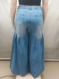 Women Denim Jeans High Waist Super Wide Leg Flared Pleated Washed Streetwear Fashion Casual Summer