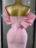 Pink Color Women Sexy Off the Shoulder Puff Sleeve Shining Rhinestones Bodycon Long Bandage Dress Evening Party Cocktail Wear