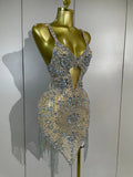 Women Evening Party Luxury Birthday Dress Photo Shoot  Stage Outfit  Sparkly Diamonds Tassel Mesh Transparent Bodycon Mini Dress