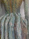 Sexy Mesh See Through Sparkly Rhinestone Tassel Long Sleeves Mini Dress 2026 Women Latin Dance Nightclub Party Club Stage Wear