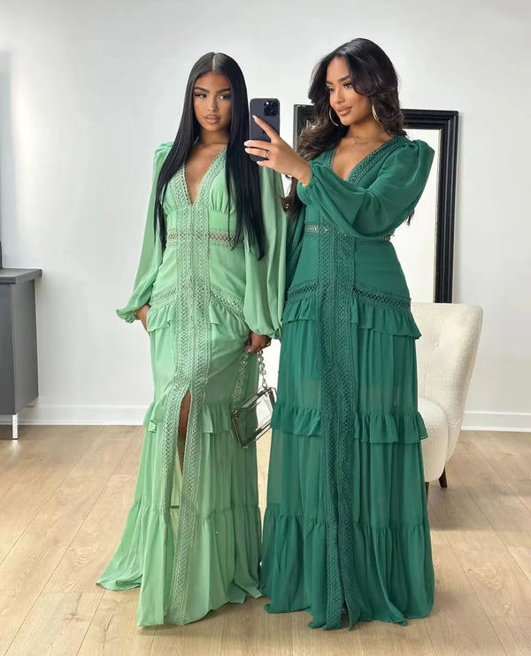 Elegant Ruffles Long Sleeve Maxi Dress for Women Boho Evening Party Dresses Wedding Guest Autumn Clothing Green Blue Purple 2026