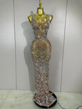 Lxury Sparkly Diamond Mesh See Through Long Dress Women Elegant Celebrate Birthday Evening Party Fancy Club Singer Stage Costume