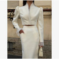 White Ruffle Stand Collar Peplum Skirt Set Romantic High Neck Long Sleeve Slim Co-ord 2026 Spring Wedding Dating Party Outfit