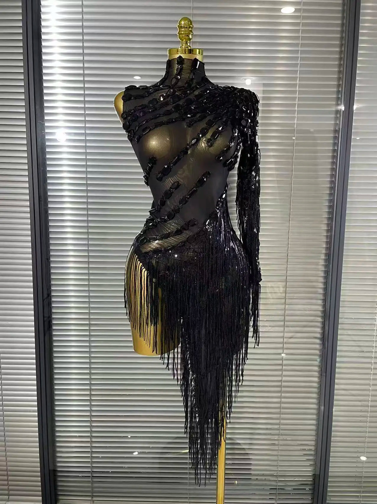 Black Red Women Sexy One Shoulder Shinning Crystal Sequins Tassels Bodycon Mid-calf Dress Nightclub Party Bar Dancer Costumes