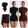 Ladies Bodycon Mesh Ruched Romper Asymmetric Draped Shoulder Mock Neck Short Jumpsuit Slim Fit Wrap Hem Cocktail And Clubwear