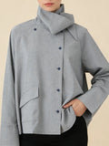 Minimalist Casual Style Gray Oversized Shirt for Women Stand Collar Long Sleeve Buttons Accent for Office Commute