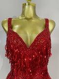 Luxury Sparkly Rhinestone Sequins Tassel Mesh Bodysuits Women Celebrate Eveing Birthday Party Nightclub Bar Dencer Stage Costume