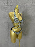 Gold Luxurious Black Bodysuit Women Sexy Halter Neck Iridescent Crystal Embellished Cutout Outfit Stage Performance Costume