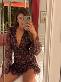 Elegant Flora Painted Ruffle Mini Dress Women Sexy Full Sleeve Deep V-neck Slim Short Robe 2026 Summer New Lady Party Club Wears