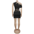 Metal Ring Hollow 2-Piece Set Women Irregular Skew Collar Crop Top+Peach Hip Skirt Matching Sexy Clubwear  Outfits