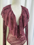 Sexy Club Burgundy Lace Plunge Bodysuit for Women Ruffled Design Long Flare Sleeves Slimming Bodysuits for Luxury Dinners