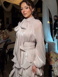 Women's Shining Tiered Ruffle Long Dress Elegant Turtleneck Lantern Sleeve High Waist Maxi Dress With Scarf Lady Evening Robes