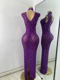 Luxury Purple Rhinestones Long Party Dress Celebrity Women Sexy Sleeveless Mesh See Through Prom Gown Club Birthday Dresses