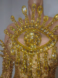 Sexy Sparkly Golden Rhinestones Eyes Stretch Bodysuit Women Eveing Birthday Party Nightclub Bar Singer Dancer DJ Stage Costume