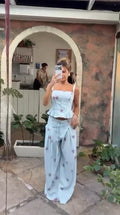 White Floral Print Two Piece Set Spaghetti Strap Ruffle Corset Top Strap Wide Leg Pants 2026 Summer Street Casual Women Outfit