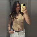 Hollow Out Women's Top Knitted Short Sleeve Stand Collar Cropped Top Daily Casual Wear Y2K Style New Arrival 2026 Summer