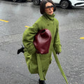 Street Women's Lace Up Long Woolen Coats Stand Collar Double Breasted Full Sleeve Overcoats 2026 Autumn Winter Lady Jackets