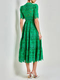 Wedding Guest Green Lace High Neck Midi Dress for Half Sleeve Women Cutout Texture Tiered Hem Flowy Skirt for Afternoon Tea