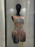 Colorful Tassels Women Sexy High Stretch Bodycon Bodysuit Vening Dress Night Club Dancer Performance Costume