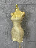 Women Sexy Metallic Gold Silver Bronze Bodycon Dress with Thin Straps and Drawstring Hem Evening Event Women Clubwear Outfit