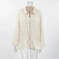 Apricot Jacquard Drawstring for Women Jackets Lapel Bubble Long Sleeve Peplum Hem Zip Up Jacket for Summer Casual