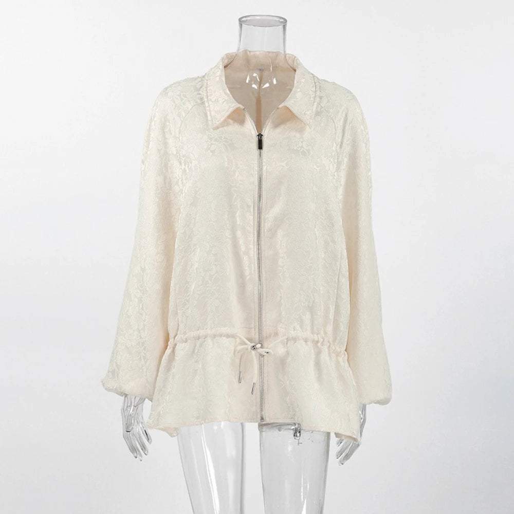 Apricot Jacquard Drawstring for Women Jackets Lapel Bubble Long Sleeve Peplum Hem Zip Up Jacket for Summer Casual