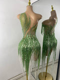 Luxury Crystals Diamonds Evening Party Dress Women Sexy Halter See Through Mesh Birthday Gowns Nightclub Singer Stage Wear