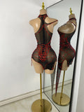 Sparkly Rhinestone Shining Women Sexy Bodycon See Through Irregular Hem Mini Dress Birthday Party Performance Costume