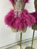 Sparkly Sequins Strapless Top Mini Skirt Sets Luxury Mesh Backless Women's Outfit Two Pieces Birthday Celebrate Stage Wear