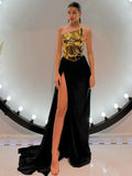 New Fashion Gold Color Laced-up Tops 2 Pieces Bodycon Floor-length Dress Elegant Evening Party Celebrate Dress Vestido