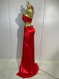 Women Evening Christmas Party Birthday Photoshoot Outfit Sexy Fashion Splicing Love Halter Crop Top & Long Skirt Two Piece Set
