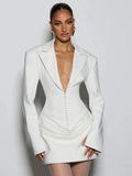 Elegant Office Dress Women Sexy Single-Breasted Hidden Buttons V-Neck Full Sleeve Folds Fashion Commute Bodycon