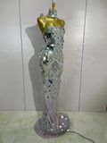 Sexy Silver Sparkly Round Sequin Pearl Women Backless Floor Length Dress Celebrate Birthday Evening Party Bar Queen Drag Costume