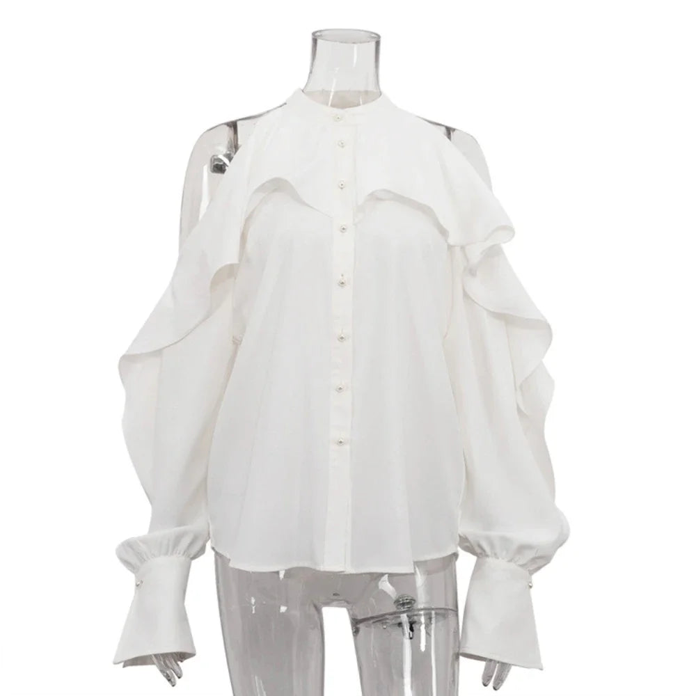 Solid Spliced Button Loose Shirts for Women Lapel Long Sleeve Temperament Minimalist Shirts Female Fashion