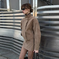 Collar Zip Cropped Women 2pcs Suede Matching Set Oversized Long Sleeve Jacket Belt Detail Mini Skirt Two Piece Sets Daily Jacket