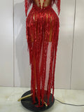 Sexy Sparkly Red Diamonds Tassel Mesh See Through Long Dress Women Eveing Birthday Party Nightclub Singer Stage PhotoShoot Wear