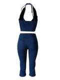 Denim 2 Piece Set Women Summer Halter Wrap Chest Backless Zip Halter Tops+Shorts Matching Hipster Vintage Streetwear