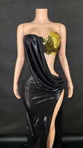 New European American Fashion Y2K Party Sexy Gold Backless Top Slit Long Skirt Floor-Length Feathers Tassels Patterns Beading