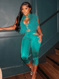 Furry Sexy 2 Piece Set Women Tracksuit Backless Tank Tops+High Waist Hollow Bike Shorts Nightclub Matching Outfits